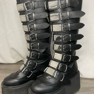 Black Demonia Damned-318 Vegan Leather Knee High Buckle Boots
